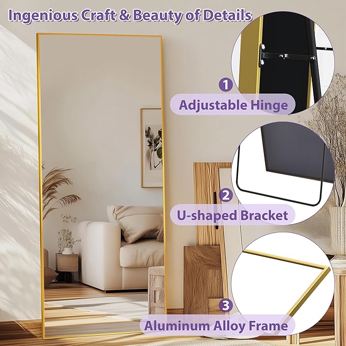 Full Length Mirror, 71"x26" Oversized Floor Mirror Freestanding, Full Body Mirror Floor Standing Mirrors with Stand, Hanging Mounted Mirrors for Bedroom Living Room, Gold, Rect Style