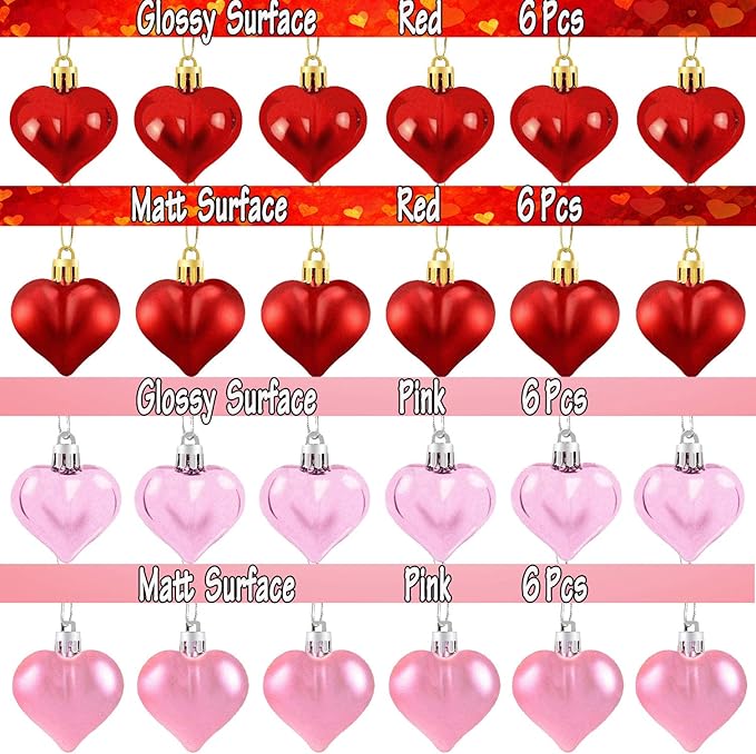 24 Pieces Heart Shaped Ornaments Valentine's Day Heart Ornaments for Valentine's Day, Hearts Baubles Decorations for Valentines Wedding Anniversary Home Party Decor(Red, Pink)