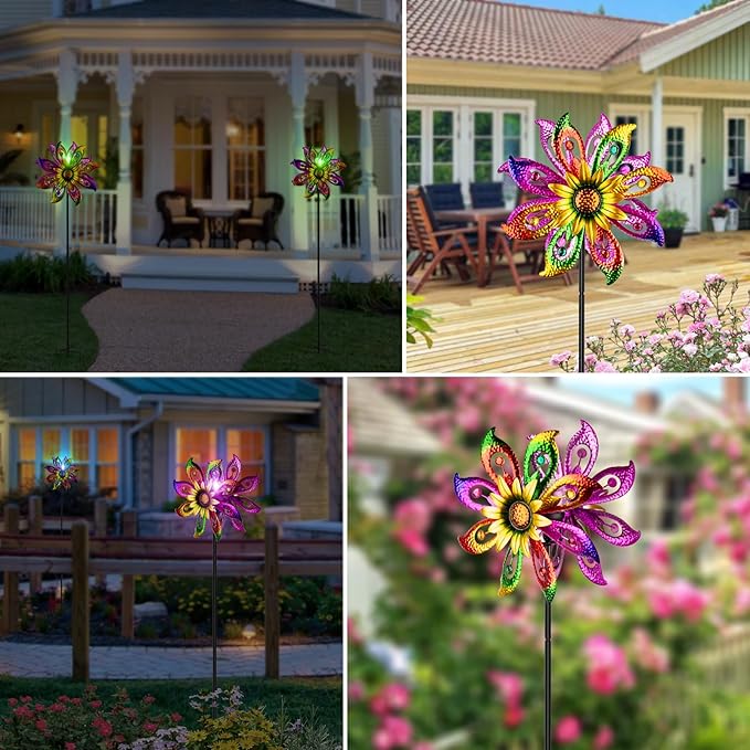 360°Solar Wind Spinner with Lights Sunflower Garden Outdoor Decor Yard Lawn Art Decor for Patio Kinetic Windmills Unique Gifts for Friends and Family 60.63'' H x 13.38'' Dia