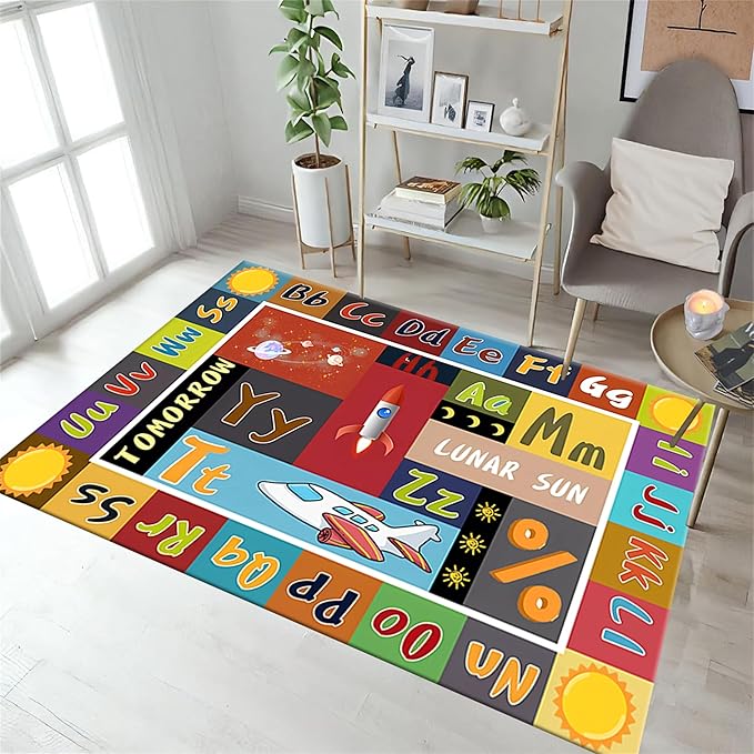ABC Education Area Rug Children's Range of Rugs for Learning English Letters Prints Funny Space Theme Patchwork Carpet Kids Gaming Time Throw Rugs for Living Dining Room Laundry Bath, 5x7ft