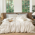 MooMee Striped Duvet Cover Set 100% Washed Cotton Linen Like Textured Breathable Durable Soft Comfy (Almond Milk Grey Classic Stripes, Oversized King Plus 128"x120")