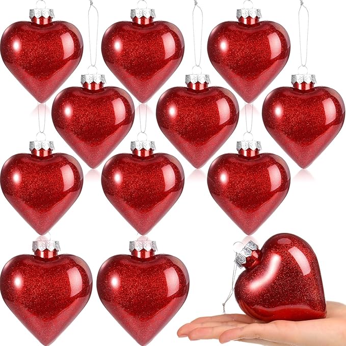 Civaner 12 Pcs Large Valentine's Day Heart Shaped Ornaments Outdoor, Glitter Heart Shaped Baubles with Pre-Strung Wire, Romantic Home Hanging Decorations for Valentine Tree (Red)
