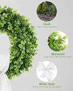 Vlorart 24 Inch Artificial Front Door Boxwood Wreath, Spring Summer Wreaths for Front Door, Large Green Wreath with Sash for Farmhouse Wedding Outside Year Round Indoor and Outdoor for Home Decoration