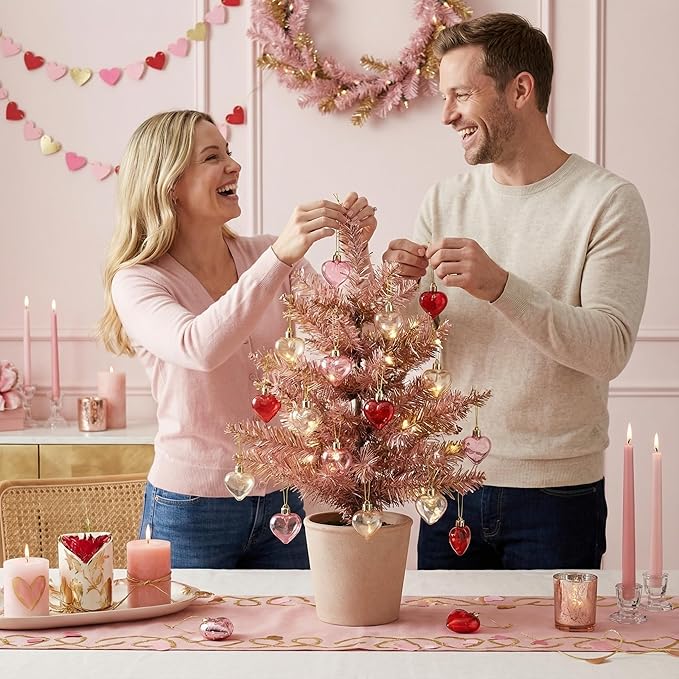 Valery Madelyn 16Pcs Valentine's Day Heart Shaped Ornaments Gift Pack, Christmas Craft Heart Decorations, Clear Transparent Red Pink Gold Christmas Baubles Hanging Party Wedding Decor