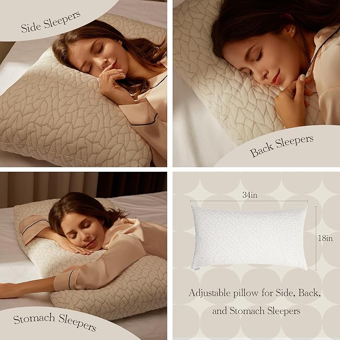 Memory Foam Pillows for Sleeping Adjustable Breathable Bed Pillow for Side, Back, and Stomach Sleepers Washable Pillow Cover Dream Cloud King Size 18X34 in