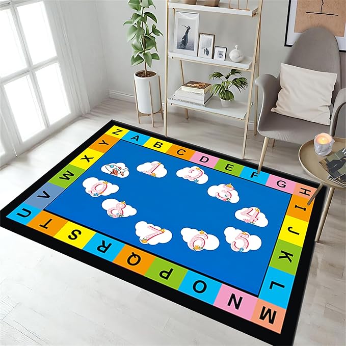 Kids Education Area Rug Funny Colorful English Letters and Cloud Math Print Carpet for Living Room Blue Black Non Slip Washable Floor Mat for Nursery Dorm Bathroom Home Office Classroom, 2x5ft