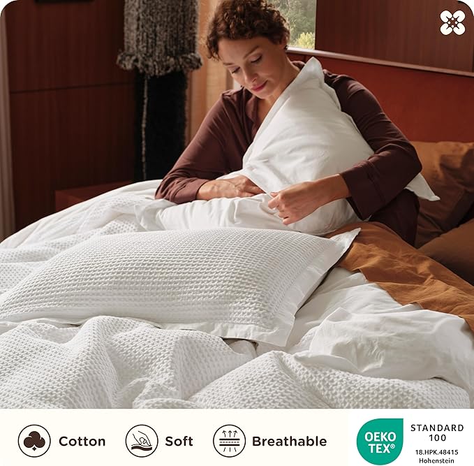 Bedsure Cotton Duvet Cover Set - 100% Cotton Waffle Weave Coconut White Duvet Cover California King Size, GentleSoft™ and Breathable Cal King Bedding Set for All Season, 3 Pieces, 104"x98"