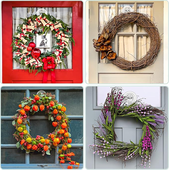 VIS'V Wreath Hanger, Large Suction Cup Wreath Hooks, Heavy Duty, 22 LB Capacity, Removable and Reusable, Clear, 4 Pcs