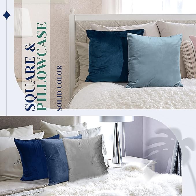 Pack of 6 Decorative Velvet Throw Pillow Covers Solid Square Soft Pillowcase Set Cushion Cases for Sofa Couch Bed Car Christmas Fall Home Decor 18 x 18 inch(Blue Color Scheme)