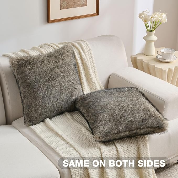 FUTEI Gray Green Decorative Throw Pillow Covers 18x18 Inch Set of 2,Soft Faux Raccoon Fur Textured Cushion Case,Modern Home Luxurious Decor for Couch Bed Living Room