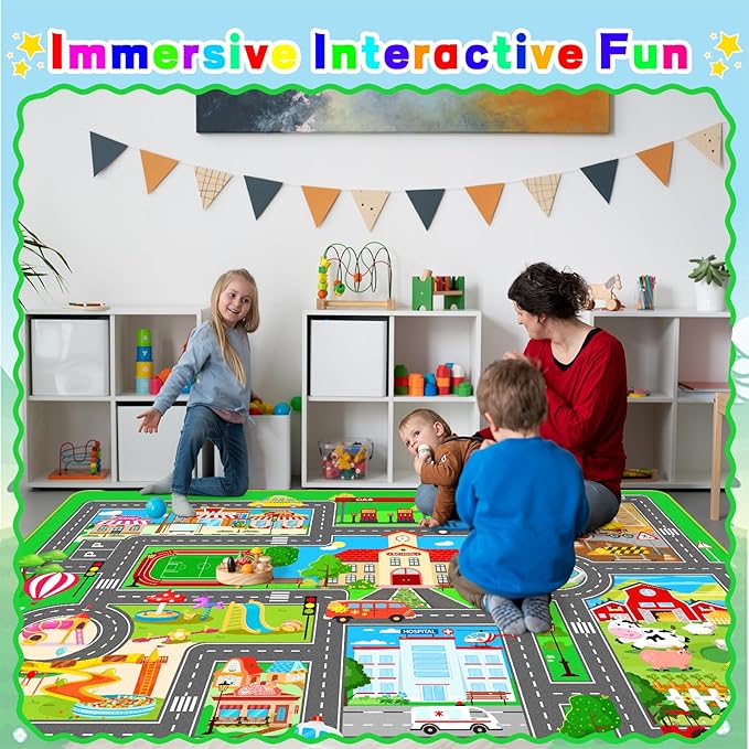 Kids Car Playmat, Kids Rug for Playroom Car Mat Town City Road Traffic Rugs, Play Mat for Floor, Extra Large Boys Kid Car Track Play Rug (Style SIX, 59X 39.4 INCH)
