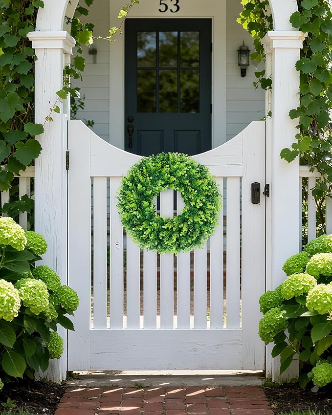 DDHS 18'' Boxwood Wreath for Front Door – Artificial Green Farmhouse Wreath, Spring Summer Fall Winter DIY Decor, for Indoor Outdoor Year-Round Wedding Home Decorations
