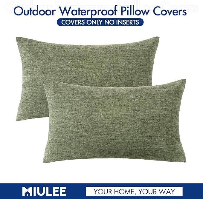 MIULEE Pack of 2 Decorative Outdoor Solid Waterproof Throw Pillow Covers Spring Faux Linen Garden Farmhouse Cushion Cases for Patio Tent Balcony Couch Sofa 20x12 Inch Gray Green