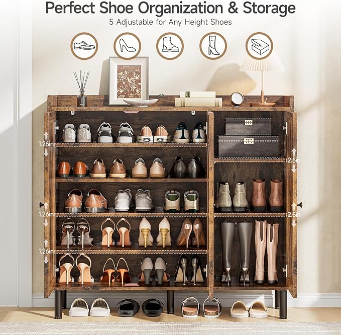 ONBRILL Shoe Cabinet with 3 Doors and Adjustable Shelves, 30 Pairs Shoe Storage Cabinet, 40 Inch Tall Farmhouse Shoe Rack Shoe Organizer Cabinet for Entryway Living Room Closet, Rustic Brown