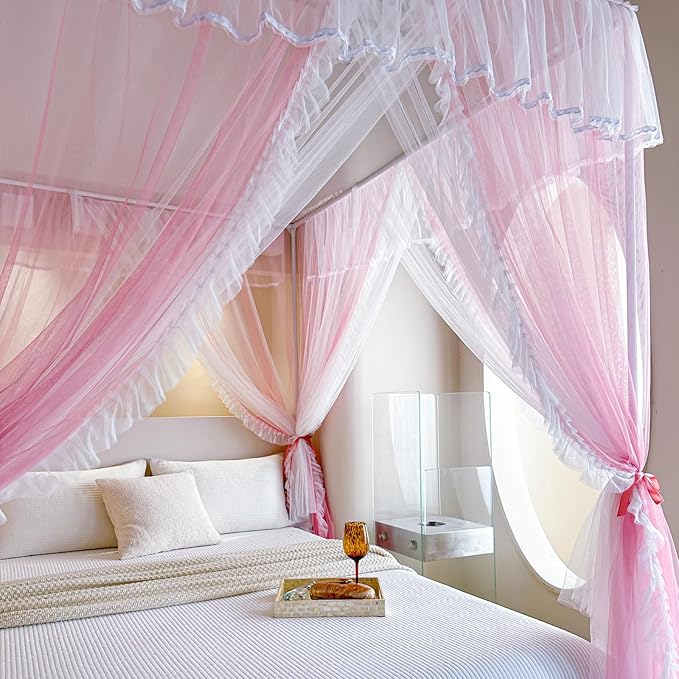 AIKASY 4 Corners Post Ruffle Princess Bed Canopy Curtain - Double Layer Cozy Drape Netting with 4 Openings - Elegant Mosquito Net for Girls and Adults Bedroom Decoration (Pink, Twin)