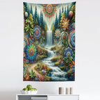 Ambesonne Trippy Tapestry, Scenic Waterfall with Wonderland Woods and Psychedelic Mandala Flowers, Fabric Wall Hanging Decor for Bedroom Living Room Dorm, 30" X 45", Olive Green Multicolor