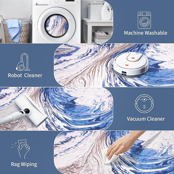 Ciicool 2x6 Washable Runner Rug, Modern Abstract Swirl Soft Hallway Rugs Runner, Non-Slip Thin Accent Rug Lightweight Blue Brown Print Distressed Carpet for Laundry Entryway Bedroom Kitchen Indoor