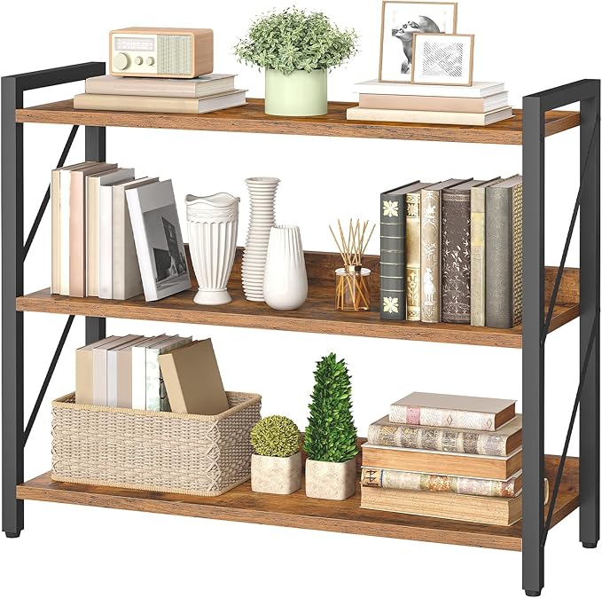 HOOBRO Bookshelf, 3-Tier Industrial Bookcase, Book Shelf Storage Organizer, Bookshelf with Metal Frame for Living Room, Bedroom, Home Office, Kitchen, Rustic Brown and Black BF718SJ01
