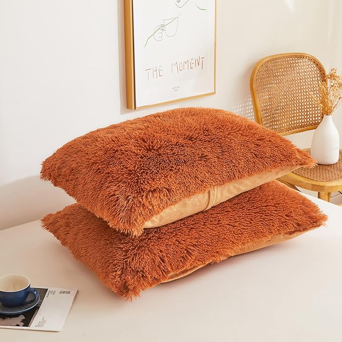 XeGe Fluffy Faux Fur Duvet Cover Set, Luxury Ultra Soft Plush Shaggy Terracotta Bedding Set 2 Pieces Velvet(1 Fuzzy Comforter Cover + 1 Furry Pillow Case), Zipper Closure (Twin, Burnt Orange)