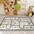 4x6ft Kids Town Road Play Rug - Non-Slip Faux Wool Carpet with Interactive City Map Design, Educational Toy Vehicle Mat for Kids, Bedroom Playroom Nursery Gift.