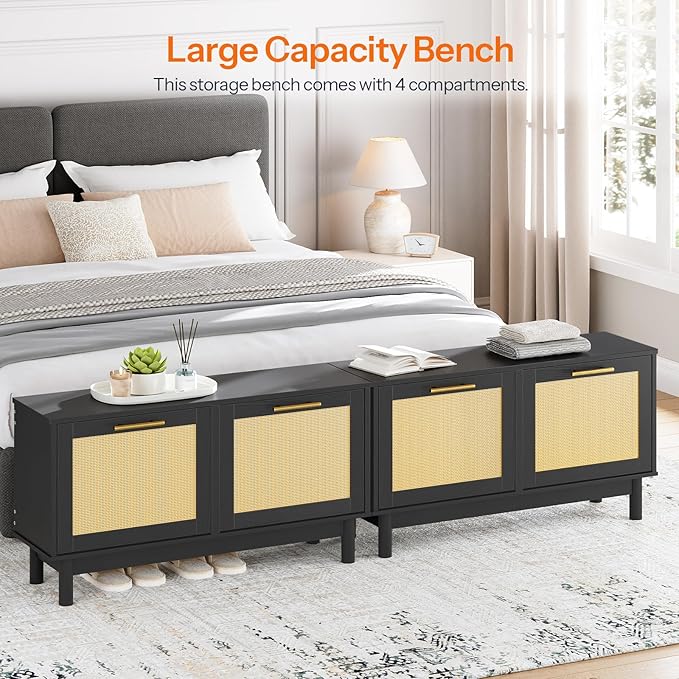 HOOBRO Shoe Storage Bench Entryway, Rattan-Like Shoe Bench with Flip Drawers, Narrow Shoes Rack Cabinet with Rattan Doors, Wooden Organizer for Entryway Hallway, Black BN51HX01