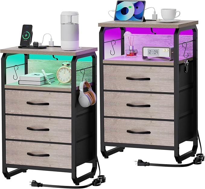 Night Stand Set 2 with LED Lights, Nightstands with Power Outlets and Type C Port, Large End Tables with 3 Fabric Drawers, Matching Bedside Table with Storage for Dorm, Living Room, Greige