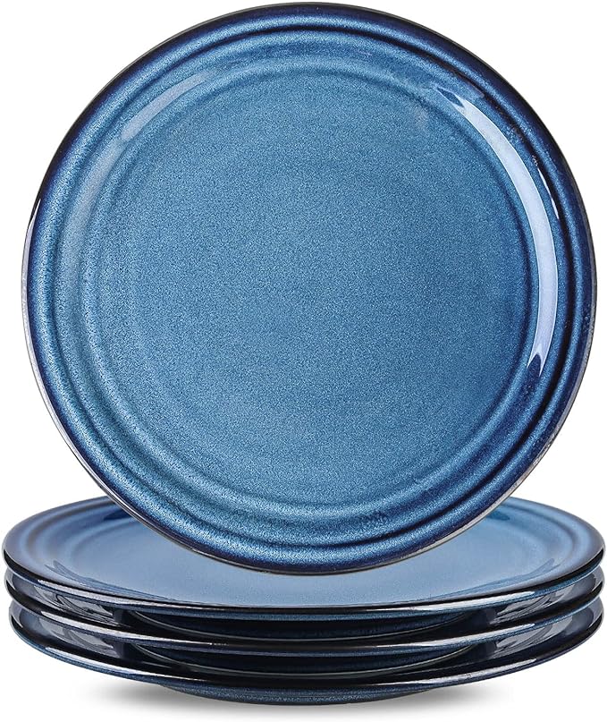 HASENSE Ceramic Dinner Plates Set of 4,10 Inch Large Porcelain Pasta and Salad Plates,Blue Stoneware Plate Set Microwave,Oven,and Dishwasher Safe
