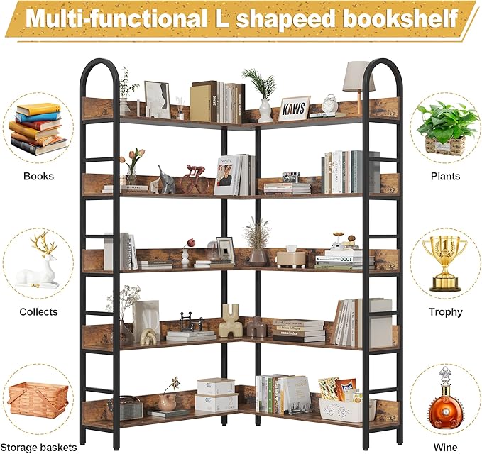 Semoic 5 Tiers Tall Corner Bookshelf, Large Heavy Duty Industrial Corner Bookcase with Metal Frame, L Shaped Bookshelves and Bookcases Etagere Bookcase Display Storage Shelves for Living Room, Brown