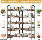Semoic 5 Tiers Tall Corner Bookshelf, Large Heavy Duty Industrial Corner Bookcase with Metal Frame, L Shaped Bookshelves and Bookcases Etagere Bookcase Display Storage Shelves for Living Room, Brown
