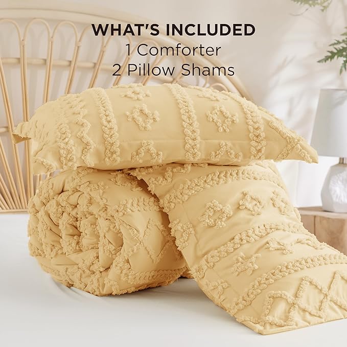 Bedsure Tufted Boho Comforter Set Queen Size - Yellow Boho Bed Set, GentleSoft™ 3 Pieces Farmhouse Shabby Chic Embroidery Bedding, Gifts for Woman, Soft Jacquard Queen Comforter for All Seasons