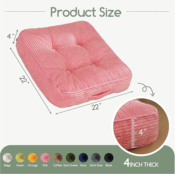 Washable Floor Pillow Cushion for Adults, Meditation Cushion Pillow, Large Square Floor Sitting, Removable Tufted Corduroy Cover, for Tatami Living Room or Yoga, 22x22 Inch, 2Pack, Machine Washable