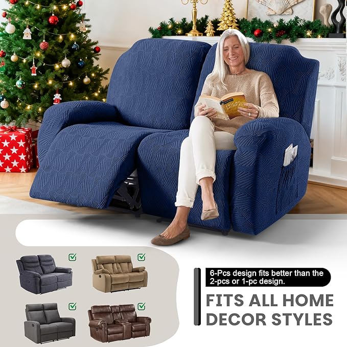 VANSOFY Recliner Loveseat Cover, 6-Pieces Stretch Dual Recliner Sofa Cover Soft Jacquard Reclining Couch Slipcover Furniture Protector with Elastic Bottom for Kid, Pets(2 Seat,Dark Blue)