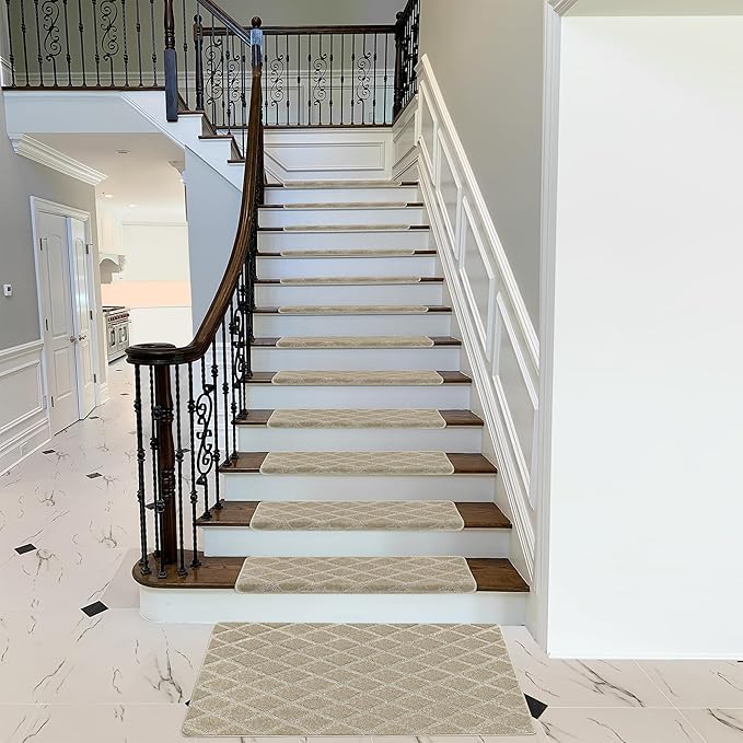 PURE ERA Bullnose Carpet Stair Treads Tape Free Non-Slip Indoor Stair Protectors Pet Friendly Stair Treads for Wooden Steps 9.5" x 30"(2 Pieces, Cream Gray Diamond Trellis)