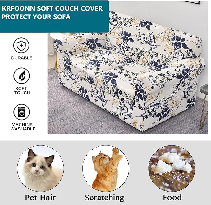 KRFOONN 3 Piece Stretch Sofa Couch Covers for 2 Cushion Couches Printed Sofa Loveseat Slipcover with 2 Separate Seat Cushion Covers Washable Sofa Slip Covers Furniture Protector (Loveseat, 27), Medium
