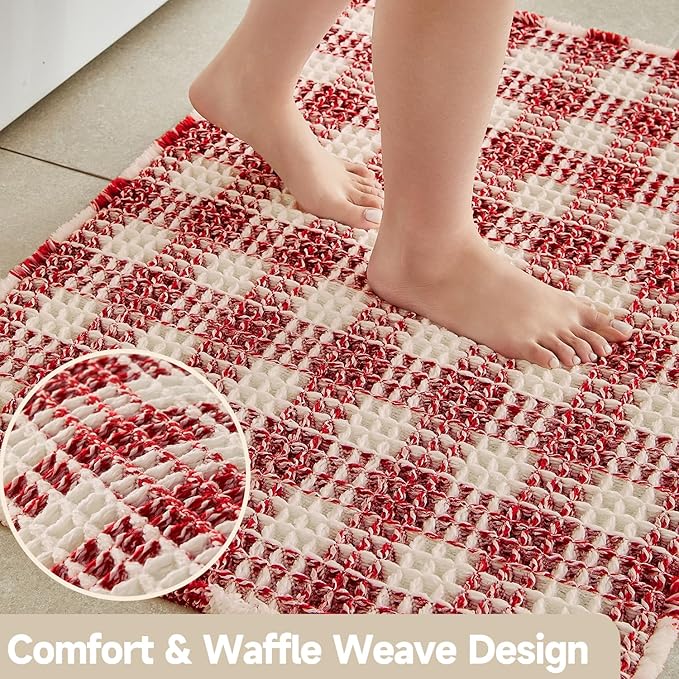 Waffle Bath Mat, Boho Christmas Bathroom Rugs Non Slip Washable Absorbent Checkered Bathroom Mat Quick Dry Cute Bath Mat, 30"x20" Red and White