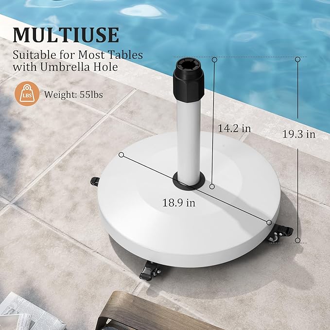 Patio Umbrella Base with 4 Wheels, 55lbs Round Heavy Duty Concrete Stand for Outdoor Market Umbrella, White
