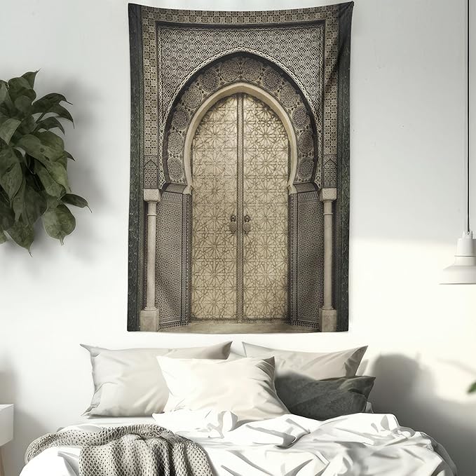Ambesonne Moroccan Tapestry King Size, Aged Door Geometric Pattern Doorway Design Entrance Architectural Oriental Style, Wall Hanging Bedspread Bed Cover Wall Decor, 88" X 88", Sepia Black