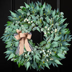 26'' Large Wreaths for Front Door Year Round, Spring Summer Artificial Green Eucalyptus Wreath with Buffalo Burlap Bow, Farmhouse Home Decor for Window Porch Holiday Housewarming