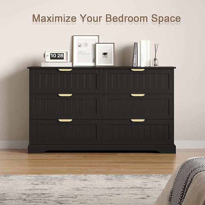 6 Wooden Drawer Dresser for Bedroom Storage, Modern Farmhouse Wood Chest of Drawers with Metal Handles, Wide Storage Cabinet for Closet, Living Room, or Entryway Black