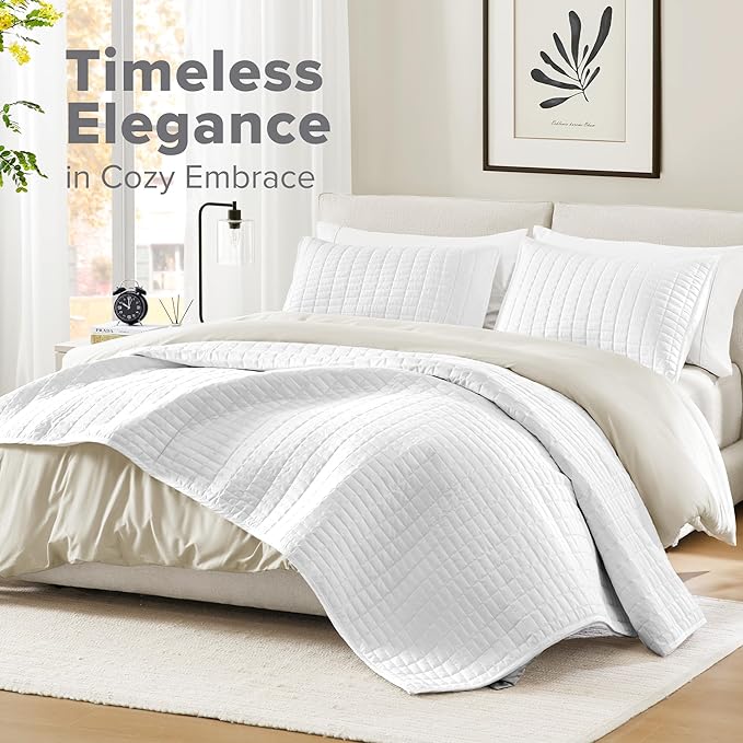 Comfort Spaces White Oversized Queen Quilt Set 102"x118" Bedspread Quilted Summer Lightweight Microfiber Bedding Coverlet with Double Sided Stitching Soft All Season Cozy 3 Piece with Matching Shams