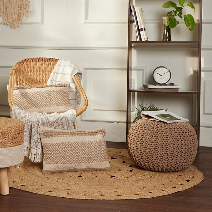 REDEARTH · Round Pouf Ottoman - Hand Knitted Cable Boho Poof Home Décor Pouffe Circular Footrest for Living Room - Nursery - Bedroom - Lounge 100% Cotton (19.5”x19.5”x14”) - Beige, Set of 2