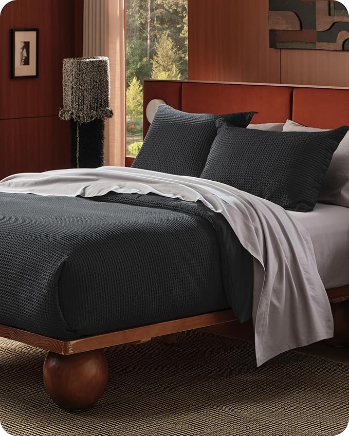 Bedsure Cotton Duvet Cover Queen Size - 100% Cotton Waffle Weave Black Duvet Cover Queen Size, GentleSoft™ and Breathable Bedding Set for All Season, 3 Pieces, 90"x90"