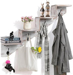 Coat Rack Wall Mount with Shelf, White Ladder Shelf with Hooks Underneath, Wall Mounted Rise Wooden shelves for Decorative, 4 Double Hooks for Hanging Coats, Keys, Books, Flowers, Planter, Towels