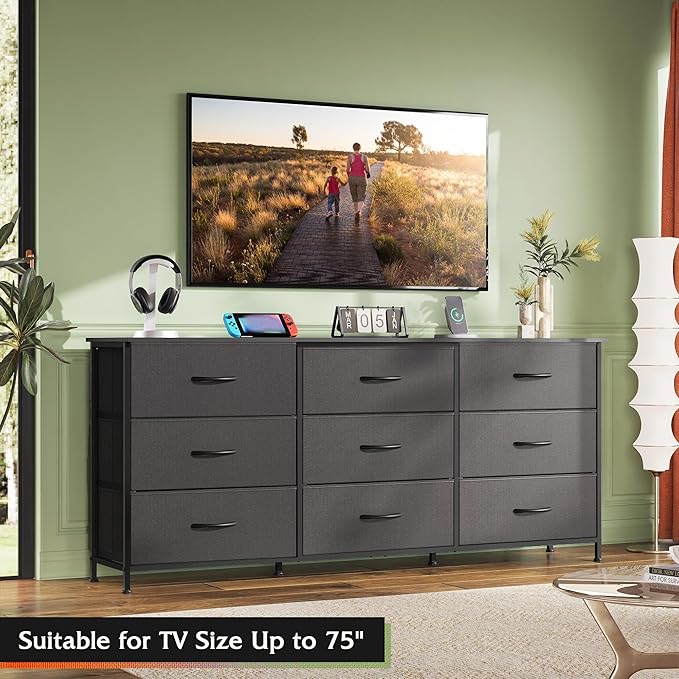 WLIVE 63''W Dresser for Bedroom, Black Dresser TV Stand for 65, 70, 75 inch TV, Wide Chest of Drawers with 9 Drawer, Large Entertainment Center, Fabric Dressers with Wood Top for Closet, Living Room