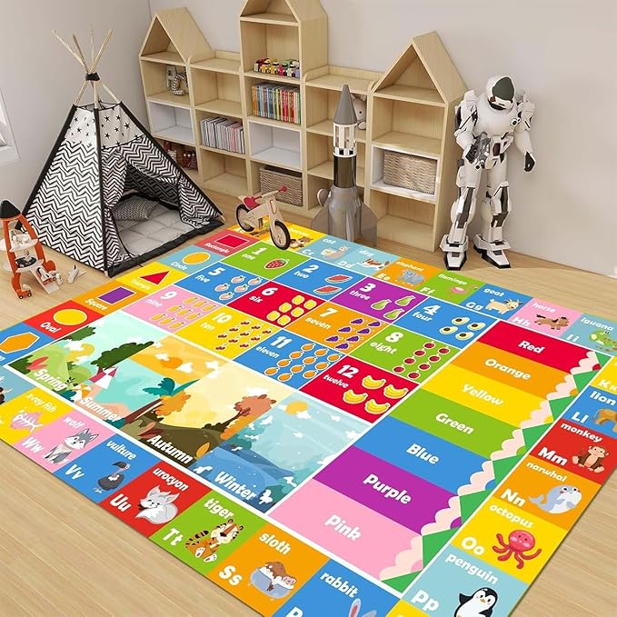 5'2" x 7'11" Kids Rug ABC Rug, Play Mat for Kids Playroom ABC Educational Area Rug for Playroom Classroom Elementary Preschool Rugs wtih Numbers Animals