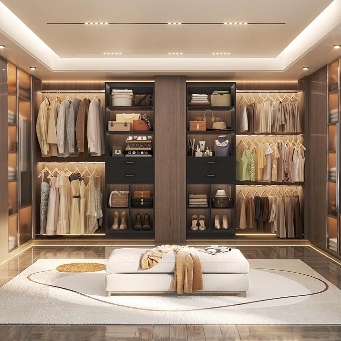 Closet System, 4-8 FT Closet Organizer Systems with 2 Wooden Drawers and 5 Hanging Rods, Can Fit 60 to 96 inch Walk-in Closet System, Black