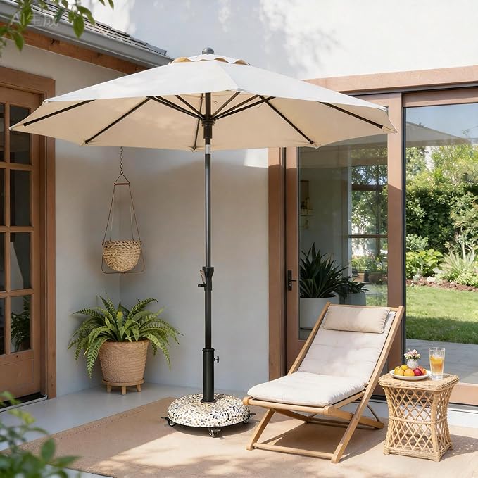 45lbs Patio Umbrella Base with 4 Wheels, Round Cobblestone Concrete Stand, Heavy Duty Market Umbrella Stand for Outdoor