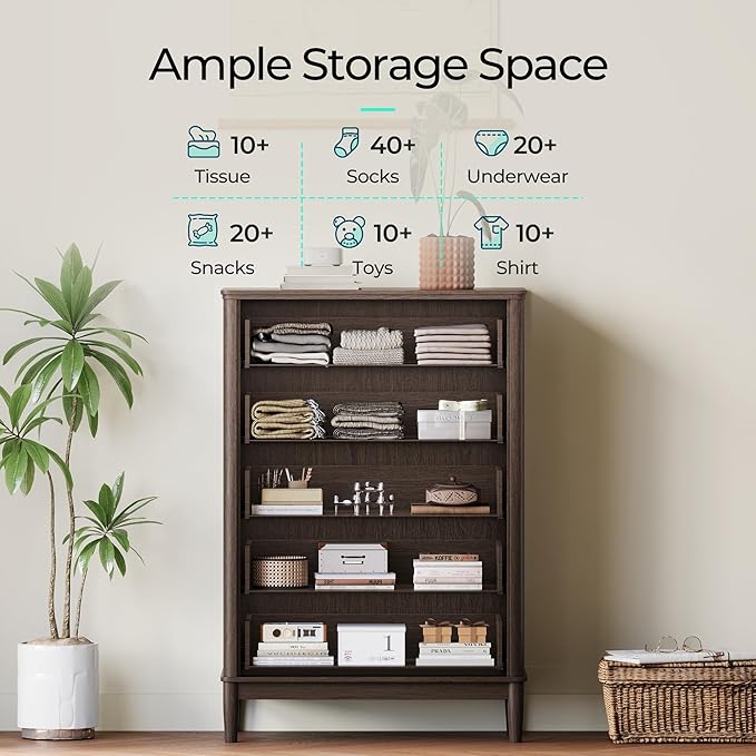LINSY HOME Rattan Dresser with 5 Deep Drawers, 46" Tall Chest of Drawers, Mid Century Modern Wood Dresser, Large Boho Storage Cabinet for Bedroom with Metal Handle and Durable Legs, Walnut
