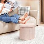 PINPLUS Round Storage Ottoman Cube Footrest - Versatile Boucle & Faux Teddy Fur Stool with Hidden Compartment for Living Room, Dorm, Bedroom - Pink, 15"x15"x13.2"