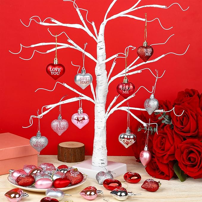 36 PCS Valentine's Day Heart Hanging Ornaments Red Pink Silver Glitter Heart Shaped Baubles Valentines Day Tree Hanging Decorations for Home Wedding Anniversary Party Decoration